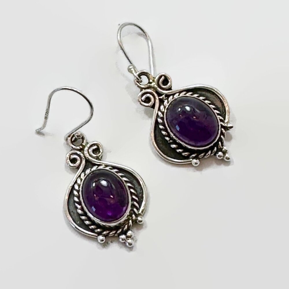 Amethyst Earrings, Sterling Silver, Pierced, Purple Stone, Dangle Earrings
